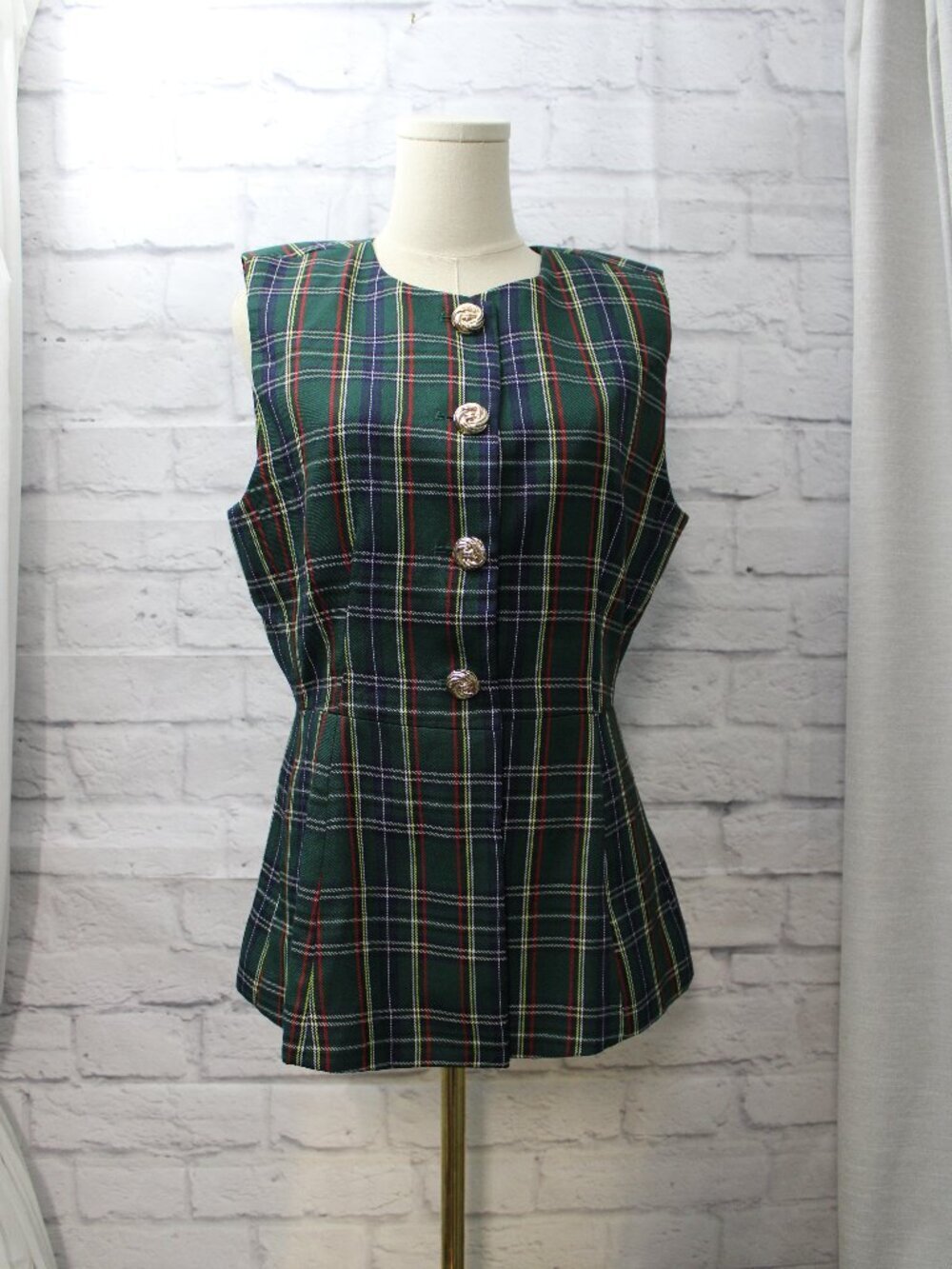 Entro Medium Green Tartan Plaid Button Fitted Peplum Vest Preppy Office Holiday